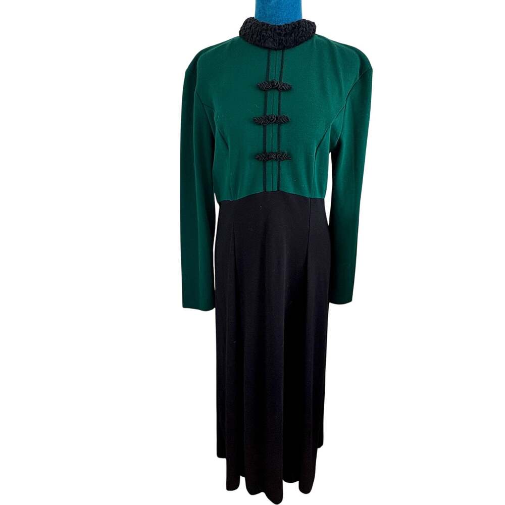 Vintage 80's Expo Stretch Knit Maxi Dress Faux Fur Collar Military Retro Braided